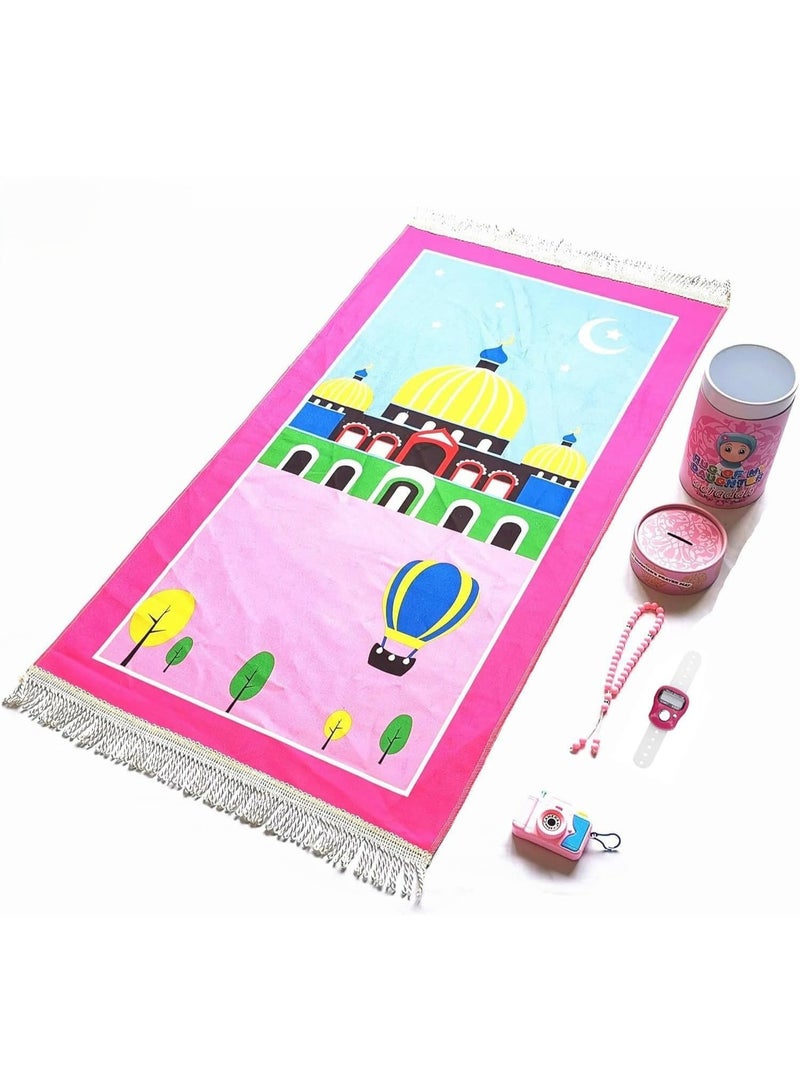 Premium Kids Prayer Mat Gift Set for  Ramadan Girls – Large Padded Sejadah with Prayer Beads, Digital Counter, Toy Camera & Money Box – Educational Islamic Gift - Image 1